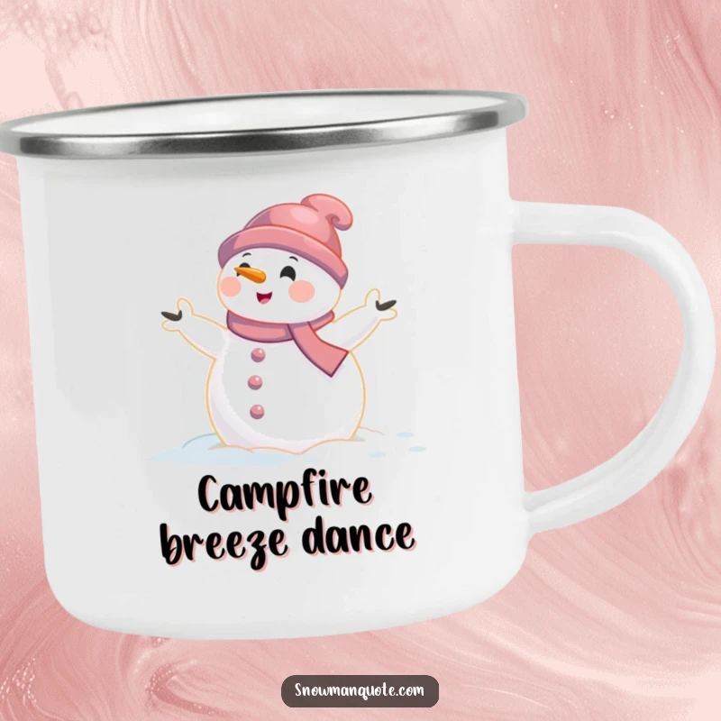 Funny snowman camping mug with a snowman caught in a gentle wind gust with arms aflutter, designed for durability and winter fun.