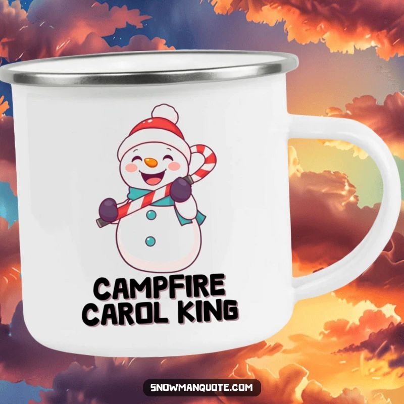 Funny snowman camping mug with a snowman singing into a candy cane microphone, ideal for outdoor use.