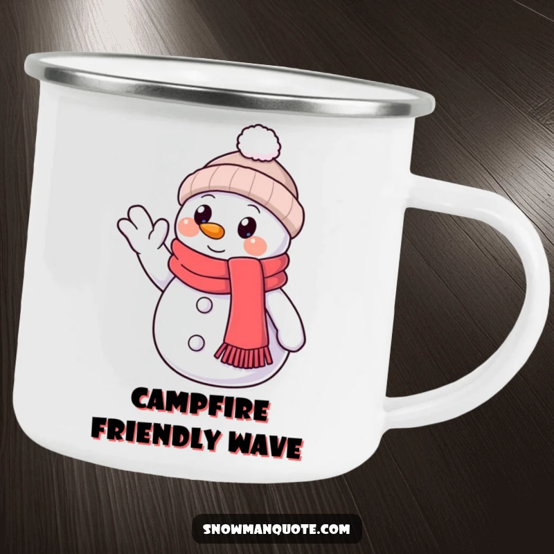 Funny Camping Mug: A happy snowman wearing a scarf waves hello, its button eye exuding friendly charm.