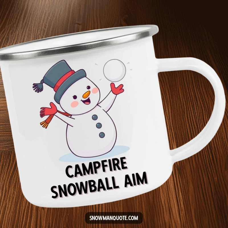 Funny, rugged camping mug featuring a jolly snowman with a grin, throwing a snowball, perfect for outdoor winter fun.