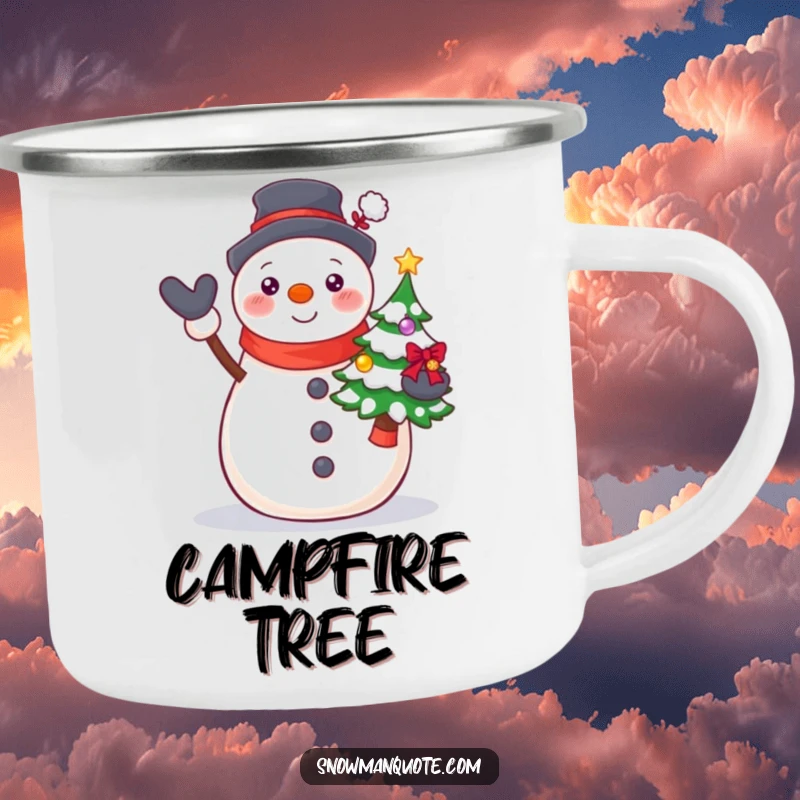 Funny Proud Snowman Tree Camping Mug showing a beaming snowman proudly presenting a small, decorated Christmas tree.