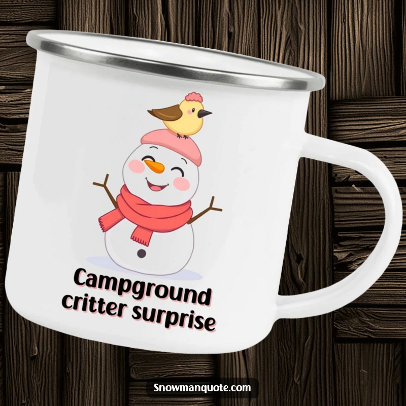 Funny Camping Mug: A smiling snowman looks surprised as a bird pecks its hat, perfect for winter camping fun.