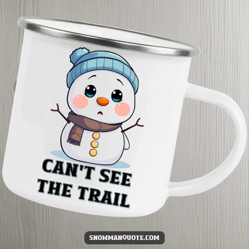 Funny Camping Mug: A snowman comically blinded by its hat, perfect for hot or cold beverages during outdoor excursions.