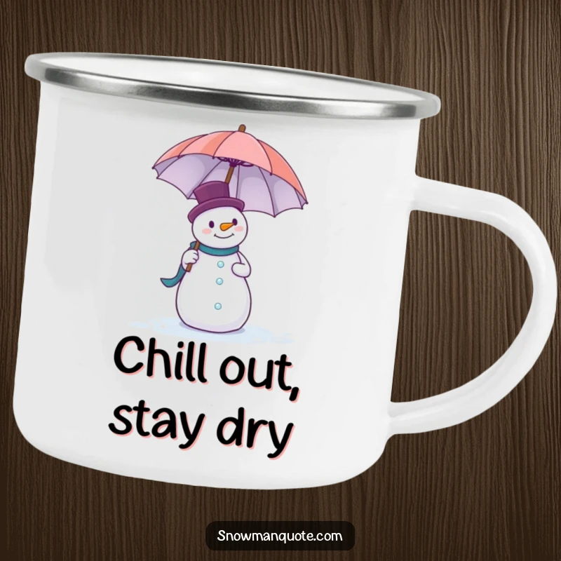 Funny camping mug with a snowman comically trying to balance a large umbrella during an outdoor adventure.