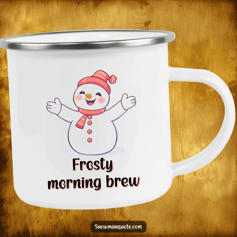Funny snowman with arms joyfully embracing snowflakes, depicted on a sturdy and humorous camping mug for outdoor use.