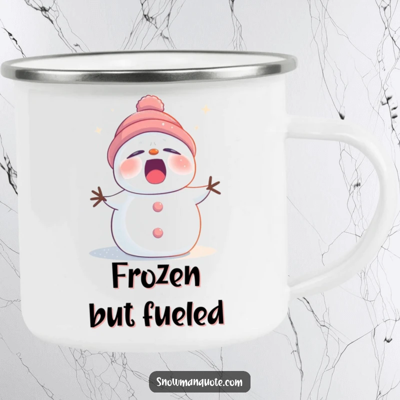 Funny sleepy snowman camping mug dusted with twinkling stardust, yawning softly, perfect for outdoor drinks with wintery humor.