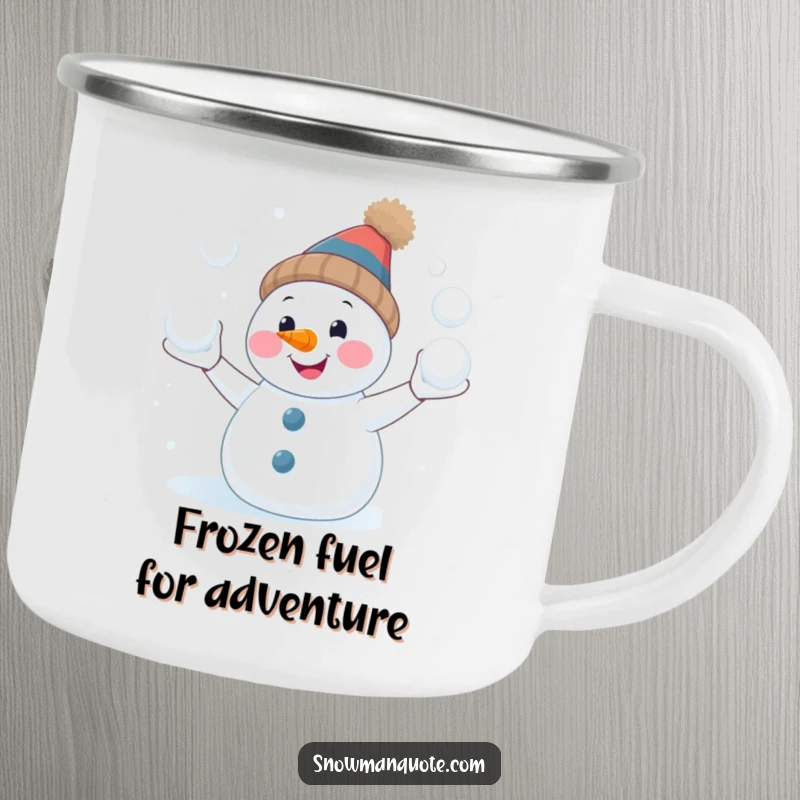 Funny snowman juggling camping mug, smiling with a carrot nose, perfect for outdoor winter fun, great gift.