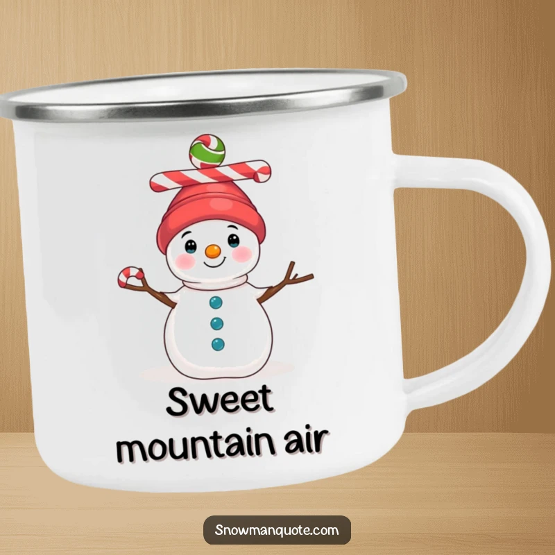 Funny camping mug featuring a snowman precariously balancing colorful candy canes on its head, perfect for festive outdoor enjoyment.