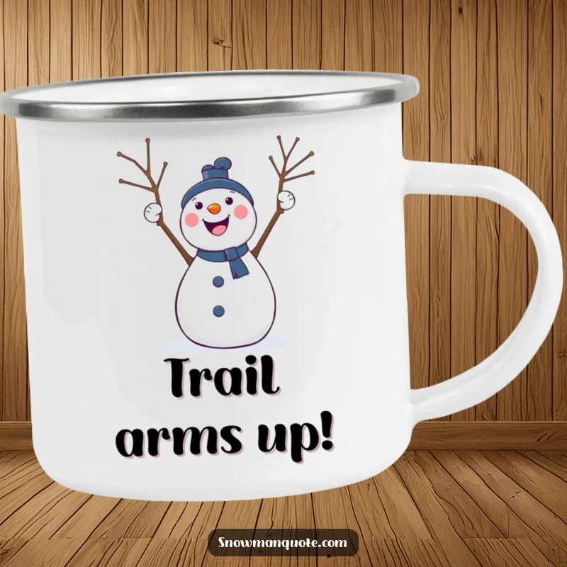 Funny camping mug featuring a lively snowman with twig arms raised, cheering enthusiastically, designed for outdoor adventures and celebrations.