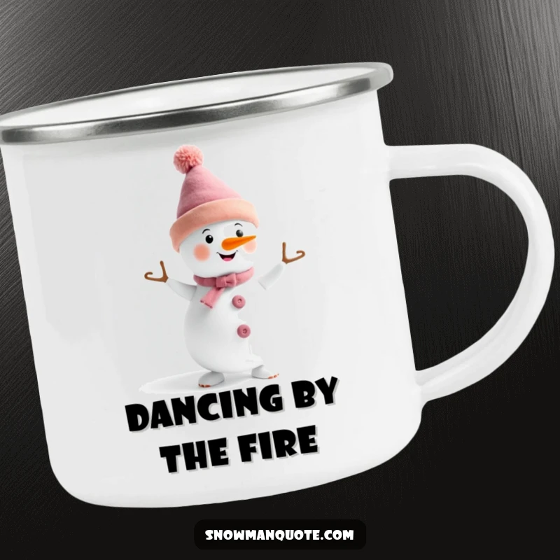 Funny, rugged camping mug featuring a snowman in a funny hat doing a little dance, perfect for outdoor winter fun.