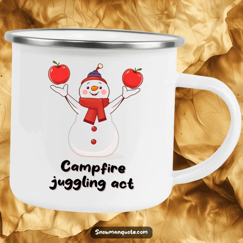 Funny snowman skillfully juggling three bright red apples, shown on a durable camping mug.