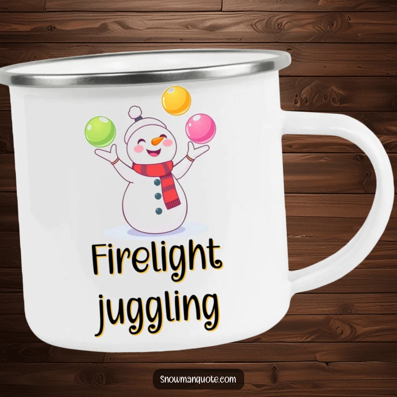 Funny Snowman Camping Mug: A cheerful snowman juggles colorful snowballs, durable and ready for adventure. A humorous outdoor essential.