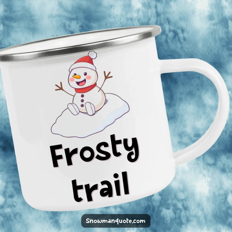 Funny Playful Snowman Hill Camping Mug showing a joyful snowman sliding down a snowy hill with a happy whoop.
