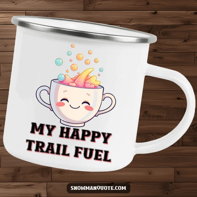 Funny camping mug with a smiling teacup overflowing with bubbly rainbow liquid, ready for any outdoor adventure.