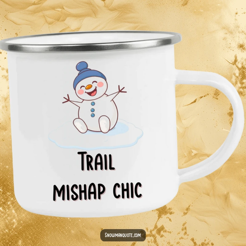 Funny enamel camping mug featuring a snowman comically slipping on ice, ready for outdoor laughs.