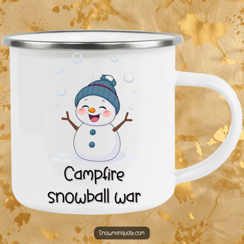 Funny camping mug featuring a giggling snowman being pelted with snowballs. Durable and humorous, perfect for enjoying drinks in the cold.