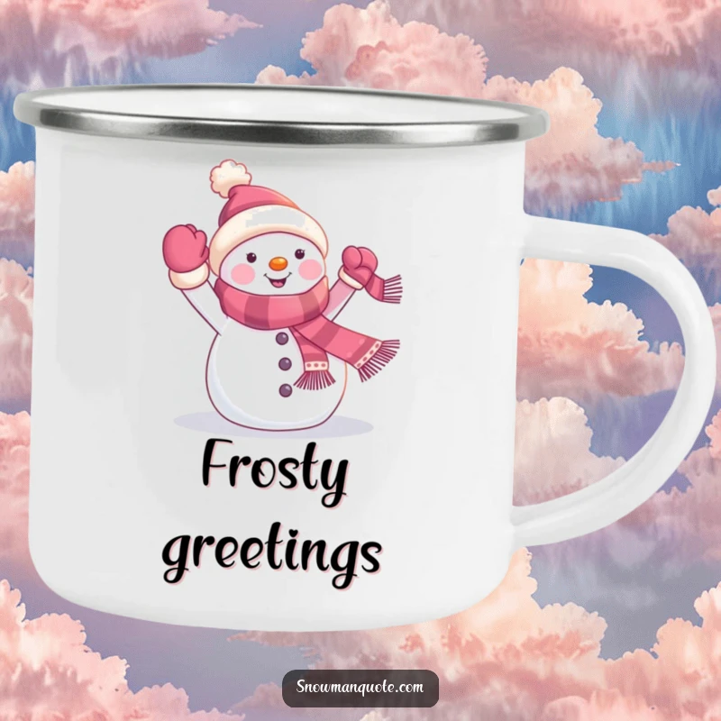 Funny snowman banner camping mug showing a cheerful winter character waving a banner from its scarf, perfect for outdoor drinks with humorous holiday spirit.