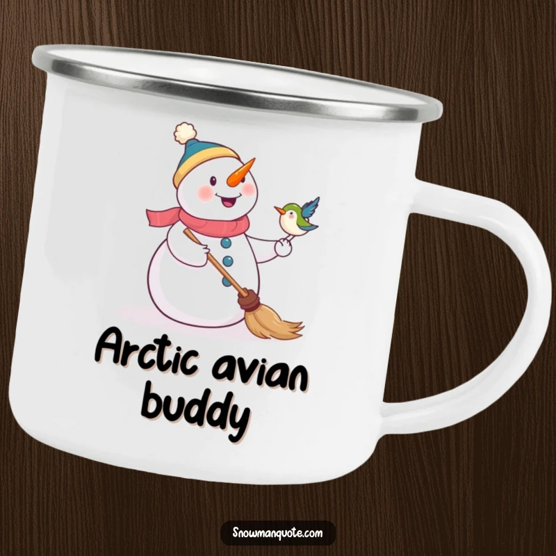 Funny camping mug showing a happy snowman with a bird on its broom, ideal for enjoying beverages in nature.