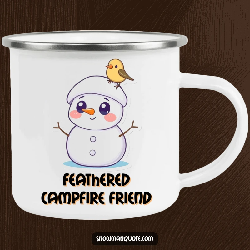 Funny Snowman Camping Mug: A surprised snowman with round eyes observes a tiny bird perched on its hat, ready for outdoor adventures.