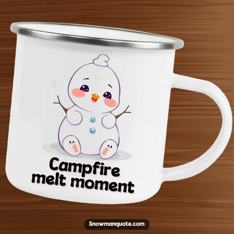 Funny snowman camping mug, melting slightly with a happy sigh, perfect for outdoor adventures and warm drinks, a durable and humorous gift.