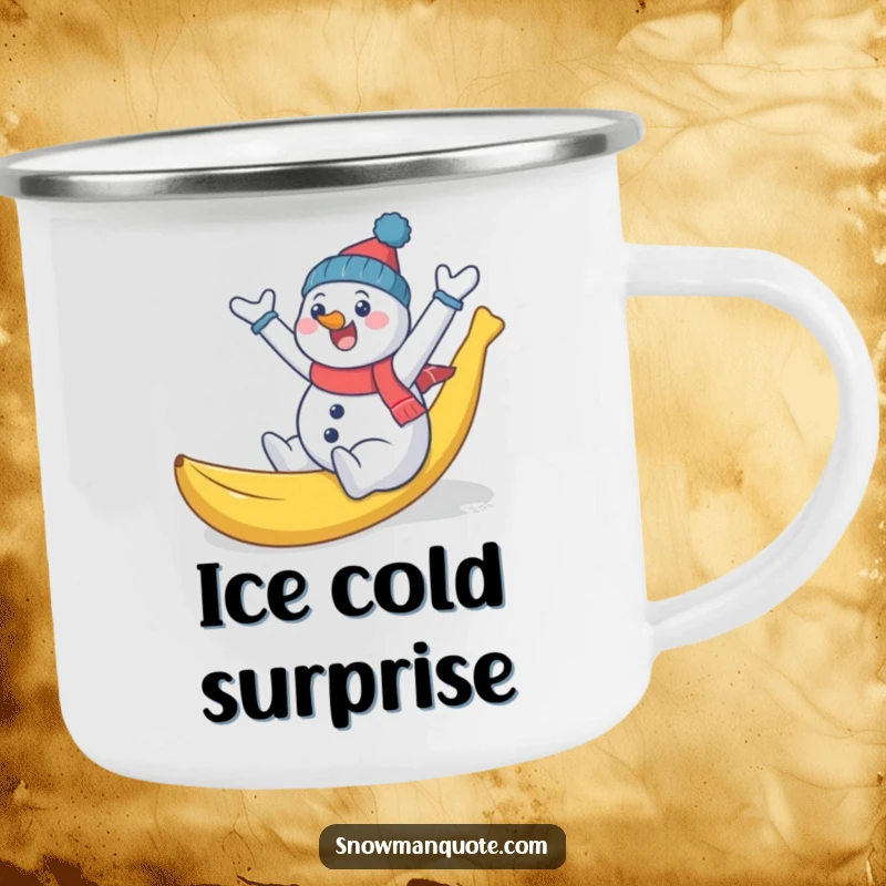 Funny snowman comically slipping on a banana peel, arms flailing, a sturdy camping mug for enjoying beverages with wintery humor.