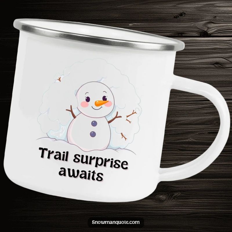 Funny snowman joyfully peeking from behind a snowy bush, shown on a durable camping mug.
