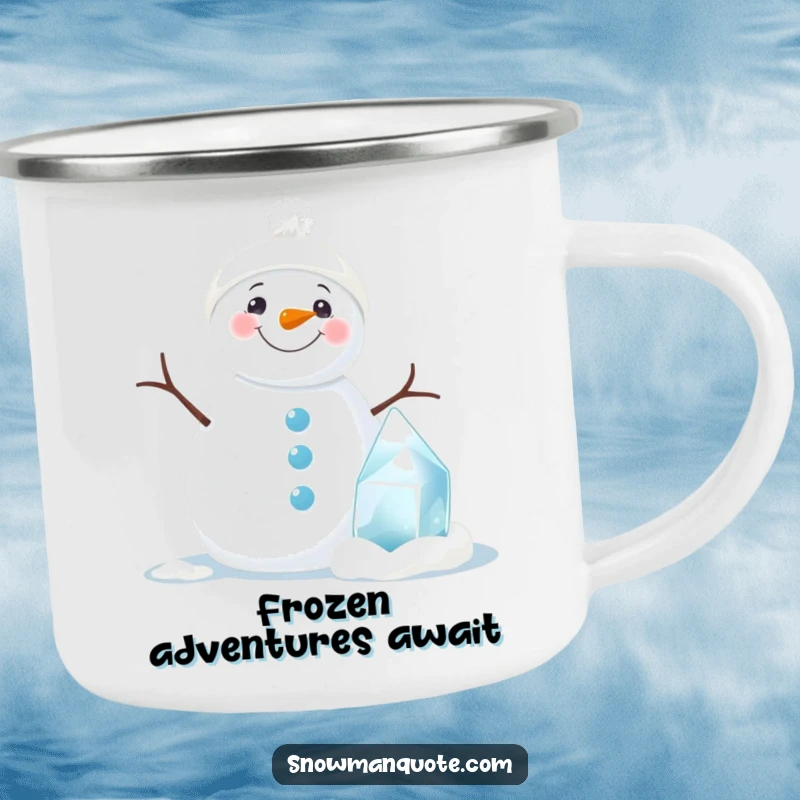 Funny snowman camping mug featuring a smiling snowman and a tiny ice sculpture, great for hot or cold beverages outdoors.