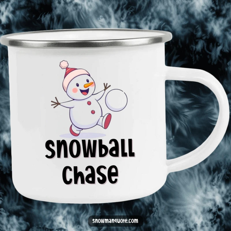 Funny snowman chase camping mug showing a winter character enthusiastically chasing a bouncing snowball, perfect for outdoor drinks with humorous winter play.