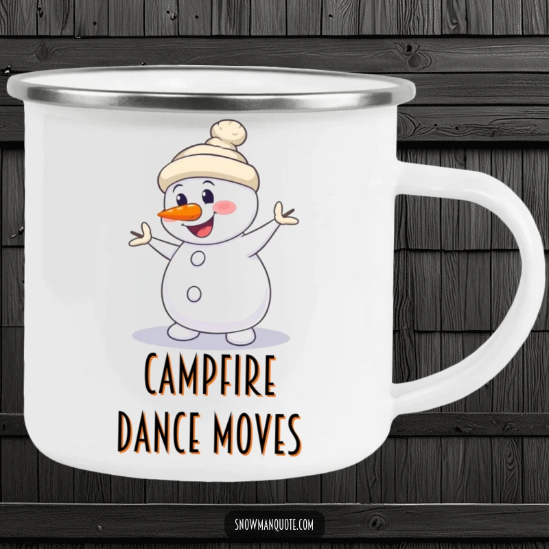 Funny Snowman Camping Mug: A snowman dances with its carrot nose askew, ideal for outdoor winter drinks.
