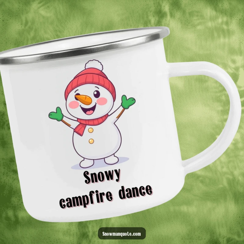 A cheerful snowman with a carrot nose dancing with its arms, perfect for outdoor fun. An enamel mug.
