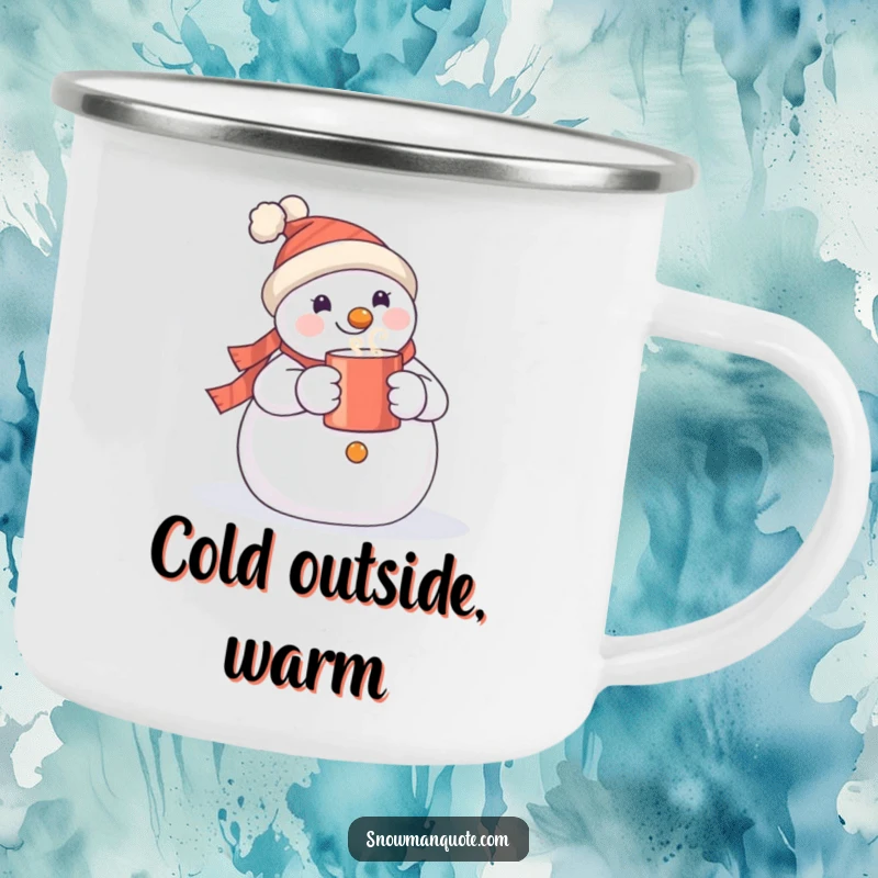 Funny snowman enamel camping mug showcasing a happy snowman with a hot beverage, perfect for outdoor adventures.