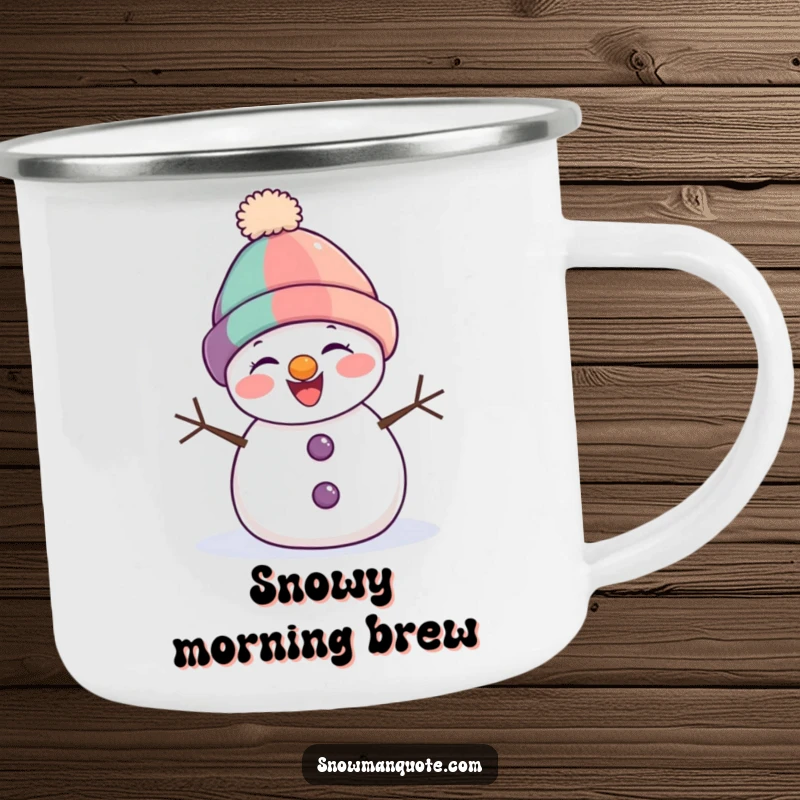 Funny snowman camping mug showing a joyful snowman with a tipped hat, chuckling happily during an outdoor escapade.