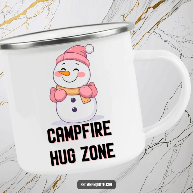 Funny smiling snowman offering a warm hug with his gloved arms, printed on a sturdy and humorous camping mug.