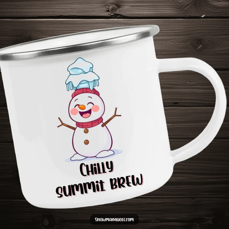 Funny Snowman Camping Mug: A giggling snowman attempts to balance a stack of icicles on its head, ready for outdoor fun.
