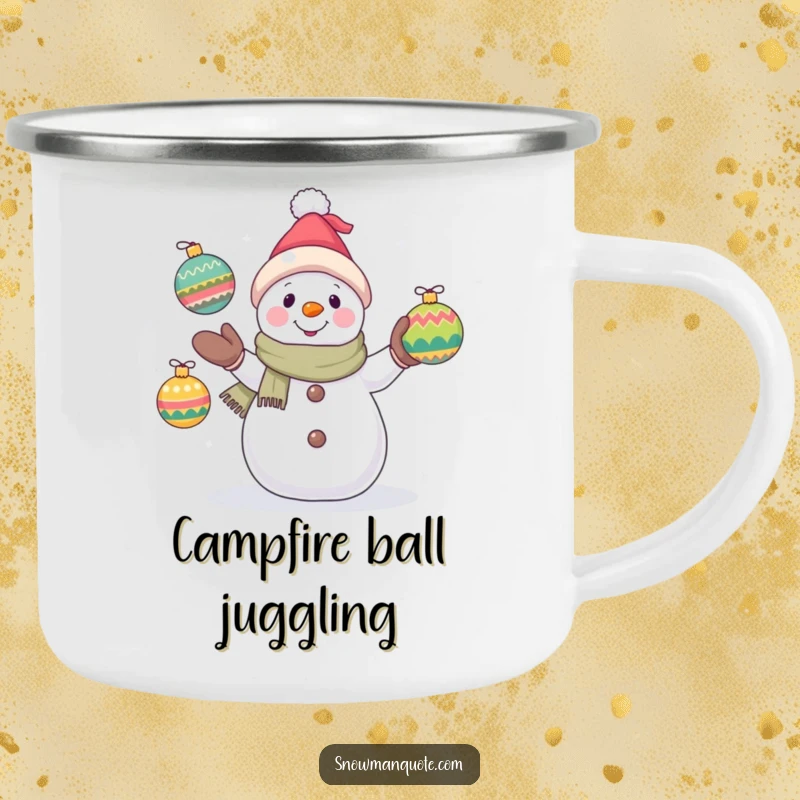 Funny snowman camping mug with a hopeful snowman juggling ornaments, designed for durability and bringing holiday cheer on the go.