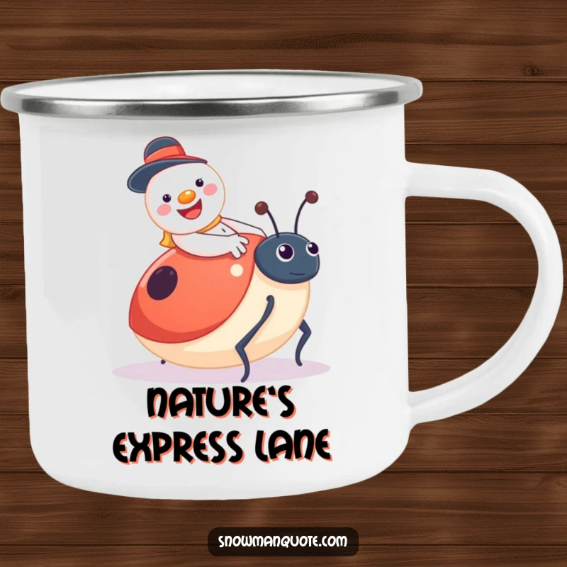 Funny snowman camping mug, a jolly character riding a surprised giant ladybug, whimsical and durable drinkware.