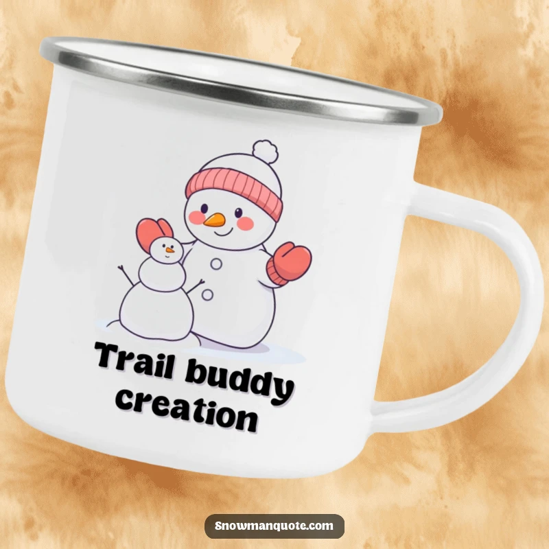 Funny snowman camping mug with a snowman in mittens attempting to build a smaller snowman, designed for durability and winter fun.