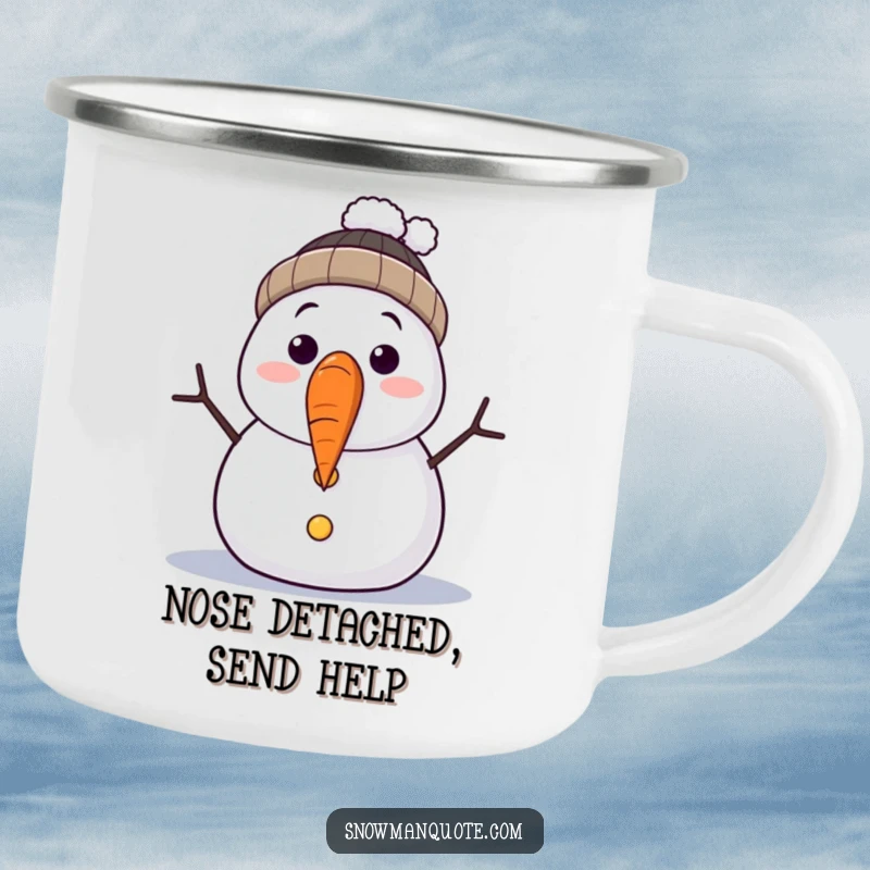 Funny camping mug featuring a surprised snowman with its carrot nose falling off. Durable and humorous, perfect for outdoor enthusiasts.