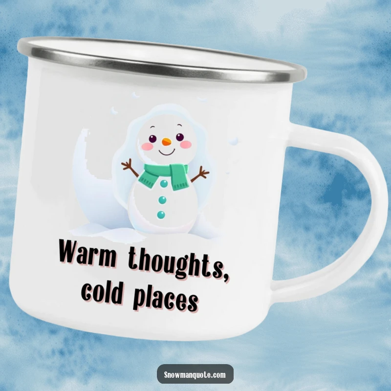 Funny Snowman Camping Mug: A snowman peeks from behind a huge snowball, ideal for outdoor winter drinks.