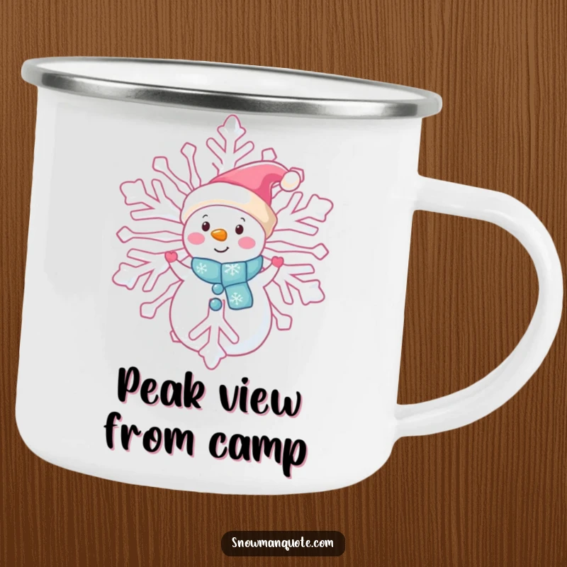 Funny snowman peeking camping mug, shyly observing from behind a giant snowflake, perfect for outdoor winter mystery, gift.