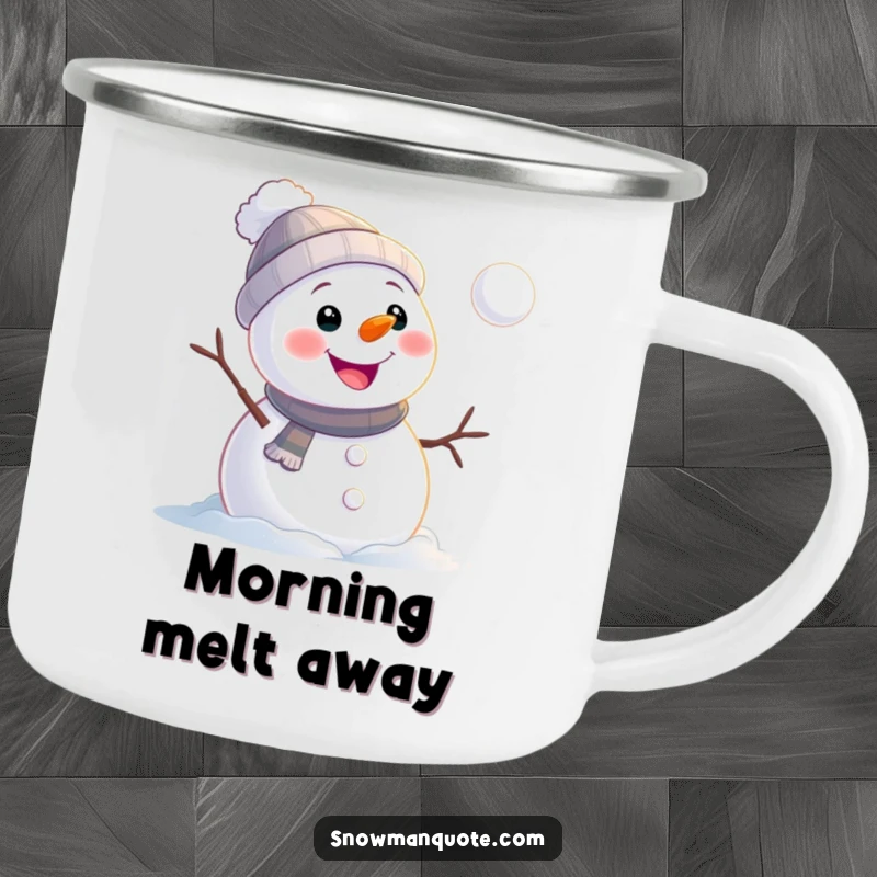 Funny snowman camping mug with a cheerful snowman watching a snowball roll away, designed for durability and winter fun.