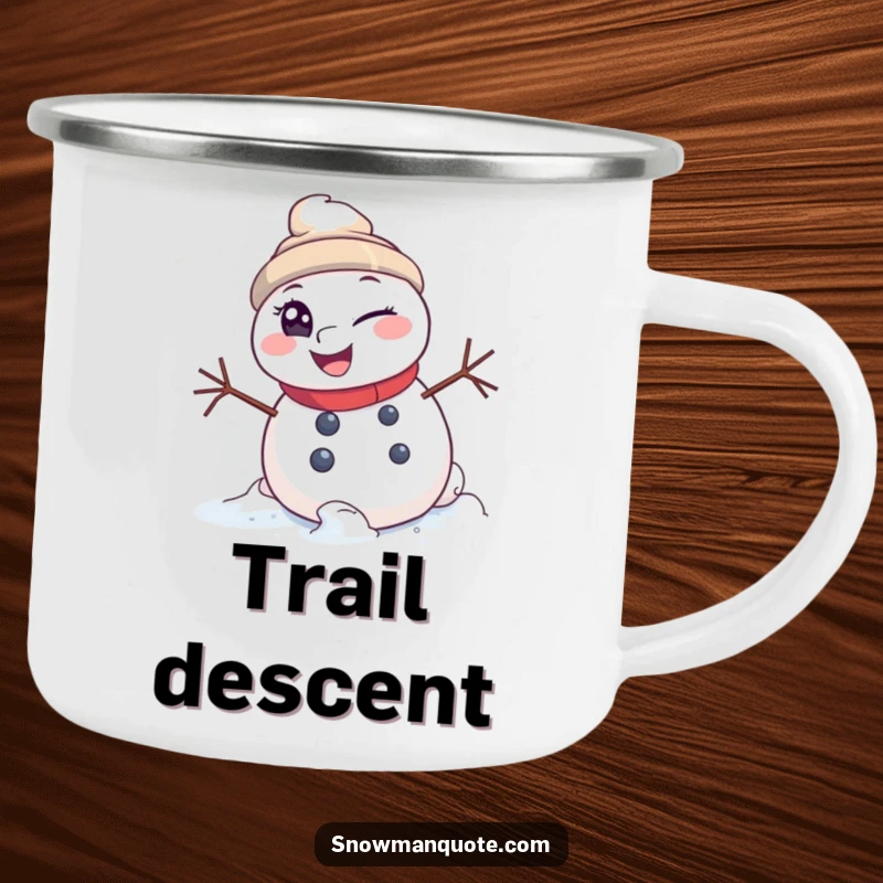 Funny Camping Mug: A winking snowman rolling downhill, perfect for hot or cold drinks during outdoor adventures. Playful and durable.