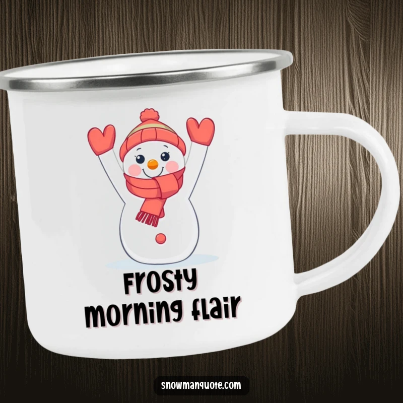 Funny enamel camping mug featuring a joyful snowman holding a bright scarf, perfect for outdoor cheer.