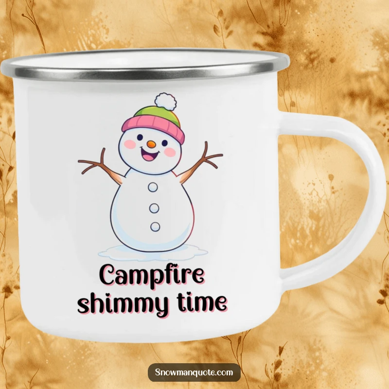 Funny camping mug with a snowman enthusiastically shimmying with its twig arms, ready for adventure.