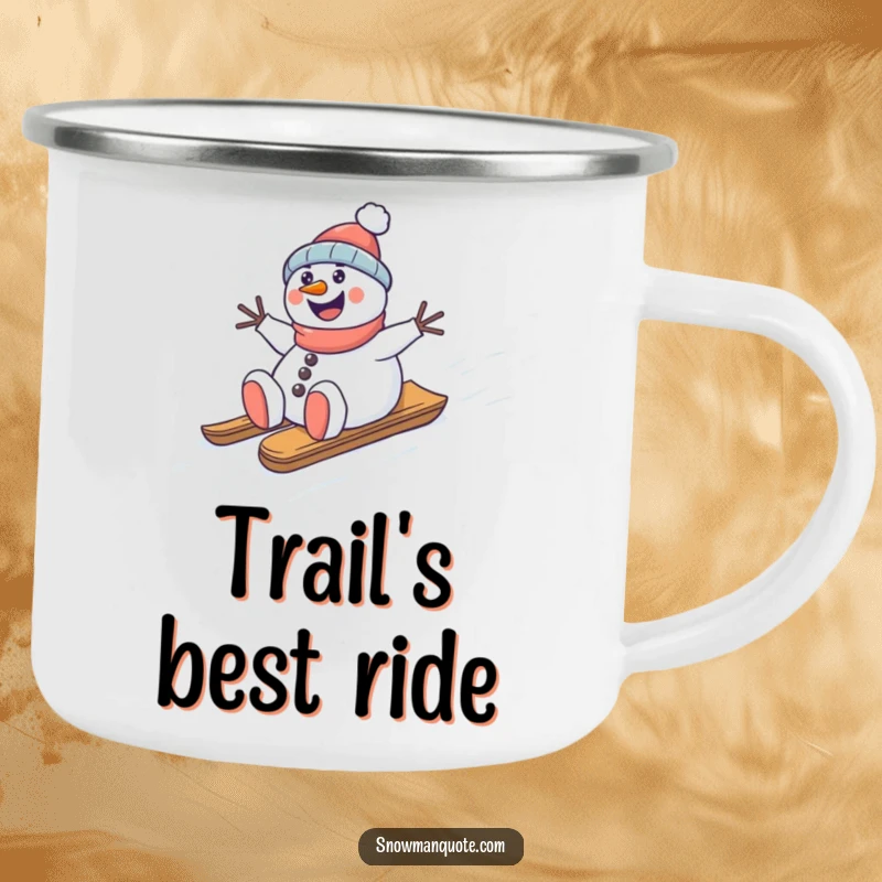Funny snowman sledding camping mug, happily riding a sled down a snowy hill, perfect for outdoor winter fun, gift.