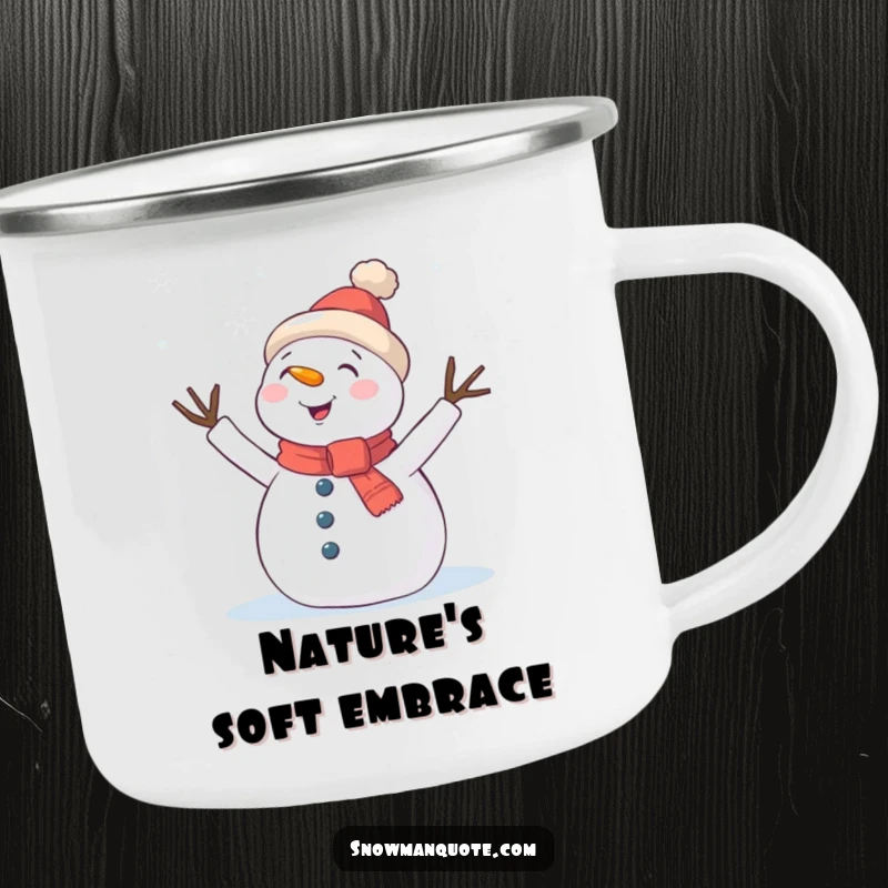 Funny Camping Mug: A happy snowman with twig arms waves excitedly at falling snowflakes, perfect for winter camping.