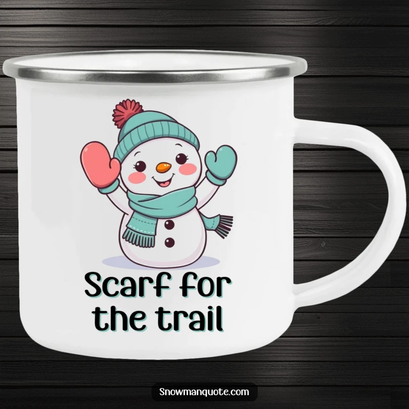 Funny snowman waving camping mug, wearing a scarf, cheerfully extending a mitten, perfect for outdoor winter cheer, gift.