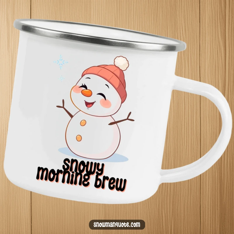 Funny Snowman Camping Mug: A cheerful snowman with carrot nose winks playfully at a falling snowflake, ready for outdoor fun.