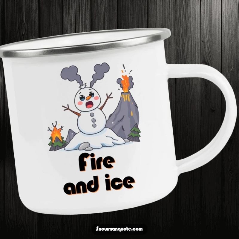 Funny snowman camping mug, a surprised character escaping a volcano, durable and humorous drinkware for the outdoors.