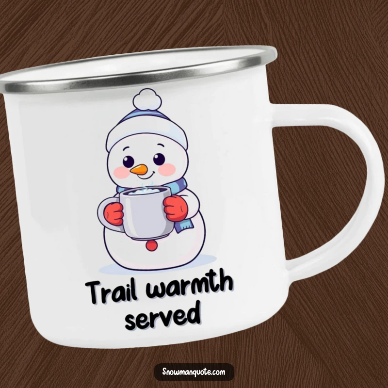 Funny camping mug featuring a friendly snowman offering a steaming mug, perfect for enjoying warm beverages during outdoor excursions.